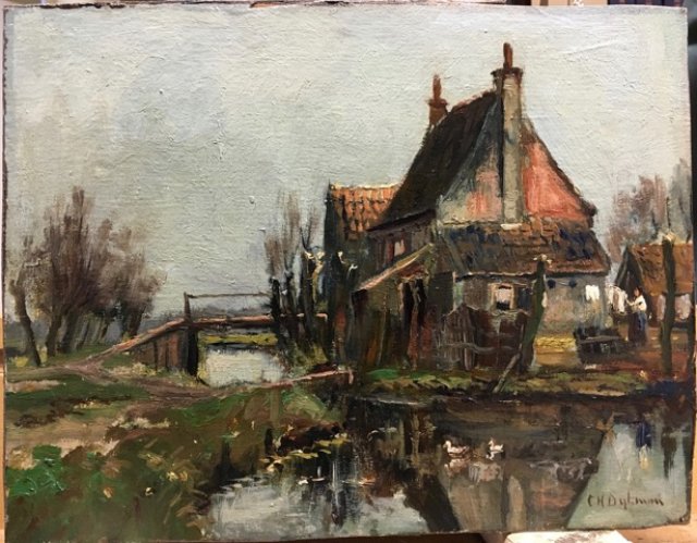 1259, Huisje aan het water en vrouw met wasgoed